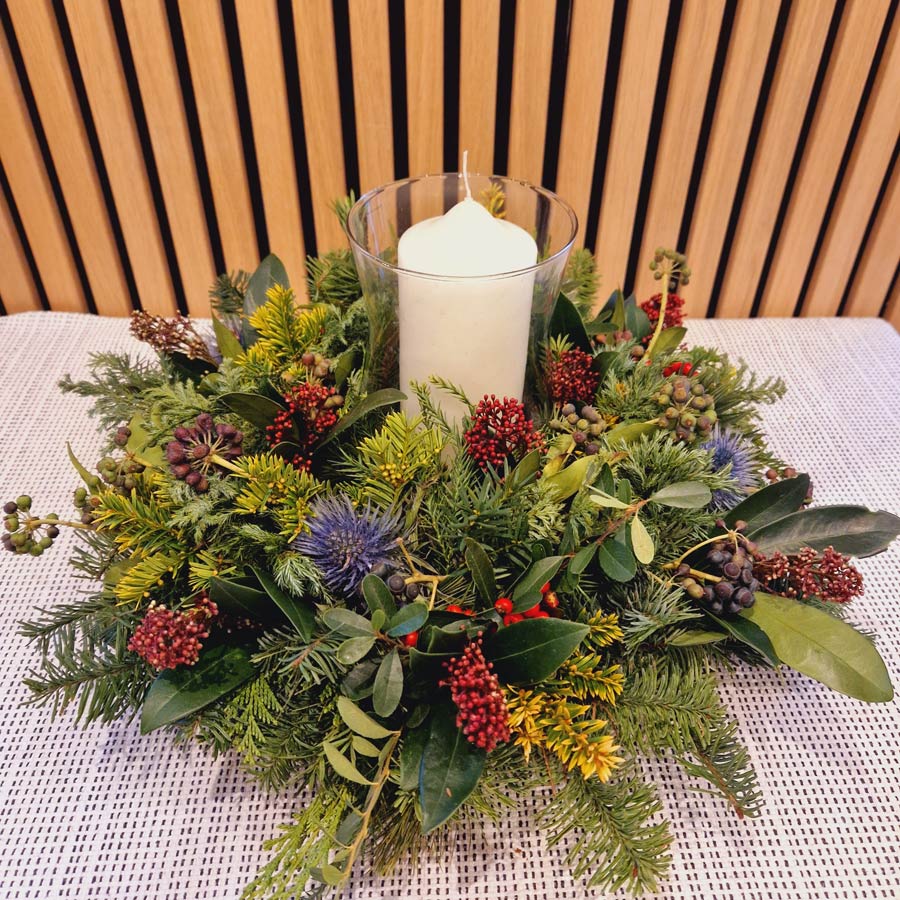 Golden-Flowers-Leyton-Winter-Woodland-Table-Wreath